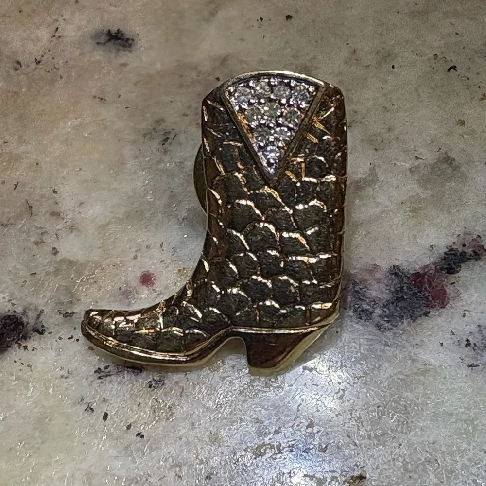 Vintage 80s Panetta Cowboy Boot Pin Gold Tone Crystal Tie Tack Jewelry Western